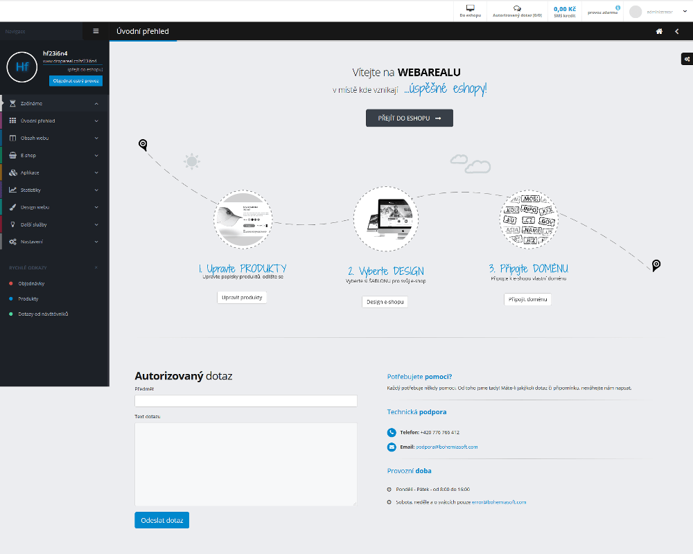 Dashboard e-shopu ve Webarealu